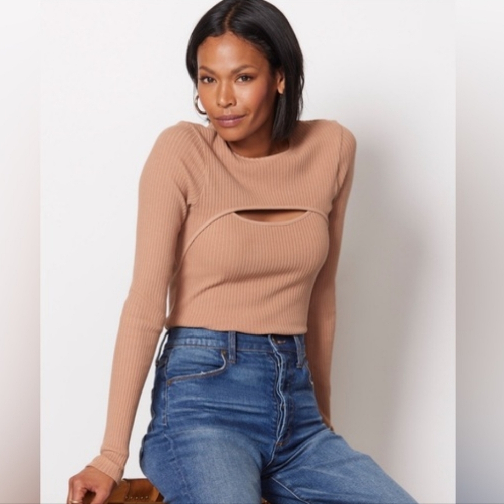 Agolde Lyza Cut Out Top Ribbed Tan Organic‎ Cotton